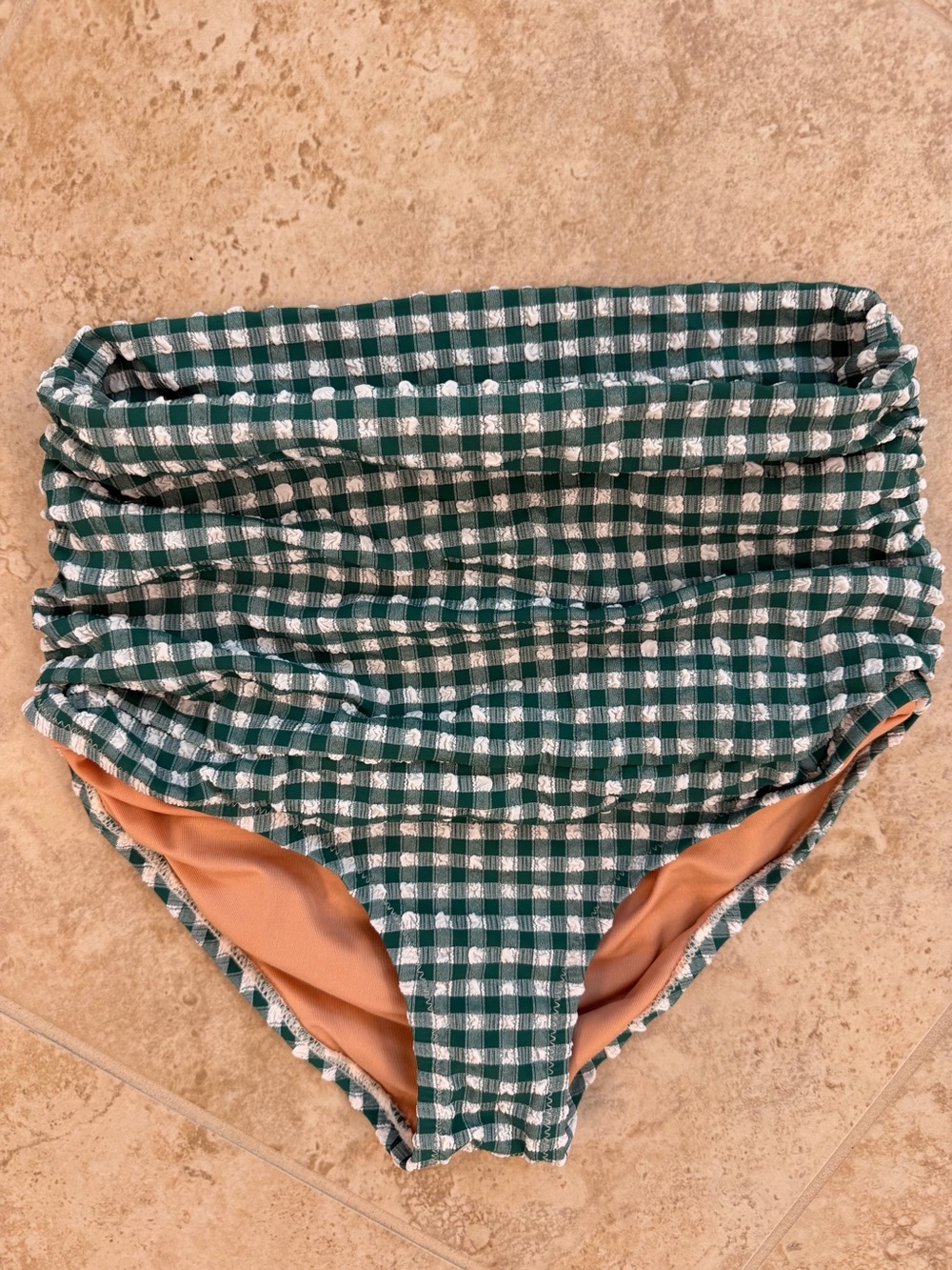 J.Crew High-Waisted Bikini Bottom Green Gingham Ruched Seersucker XS
